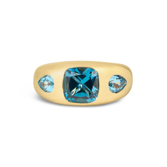 Blue Topaz Cushion & Pear 3 Stone Gypsy Ring