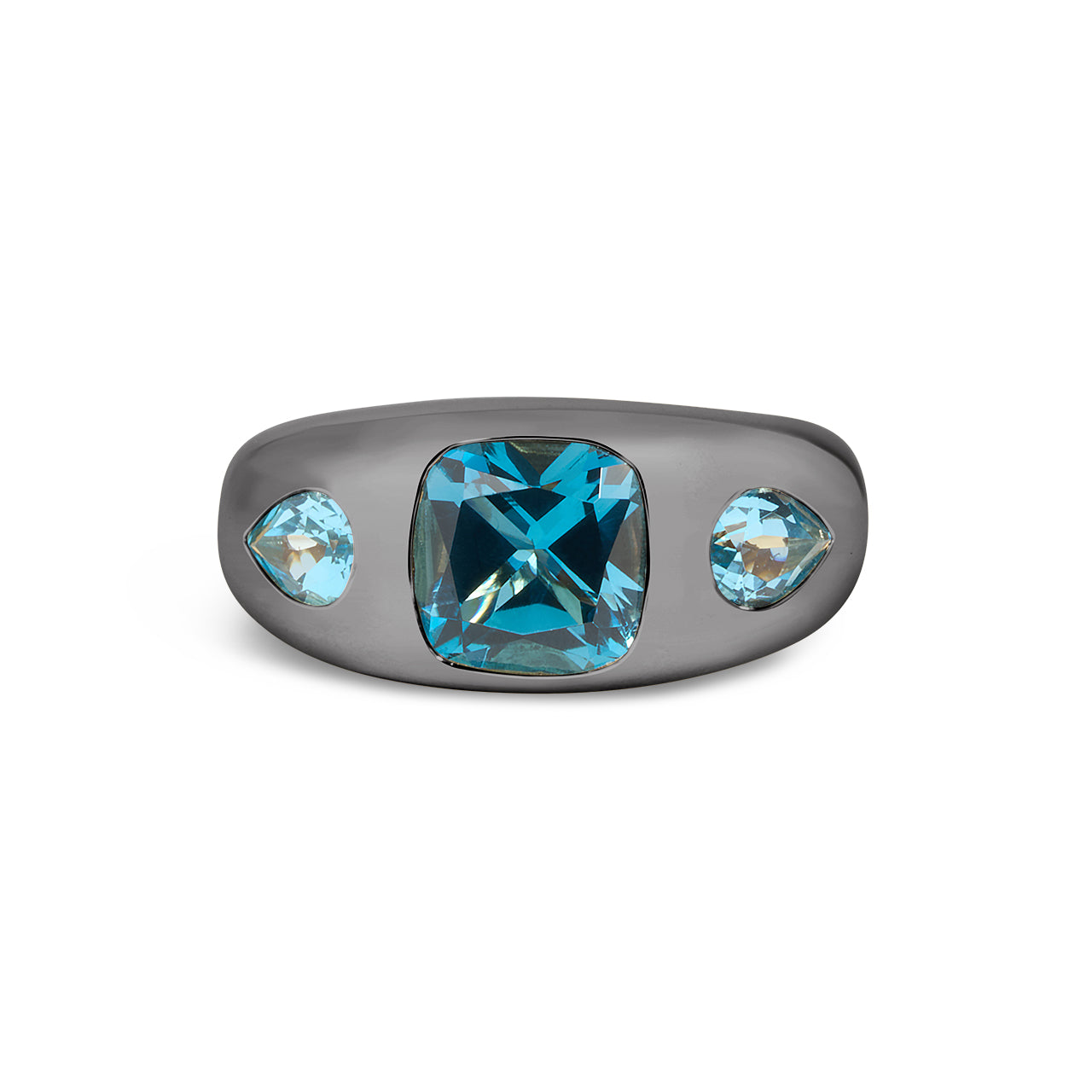 Blue Topaz Cushion & Pear 3 Stone Gypsy Ring