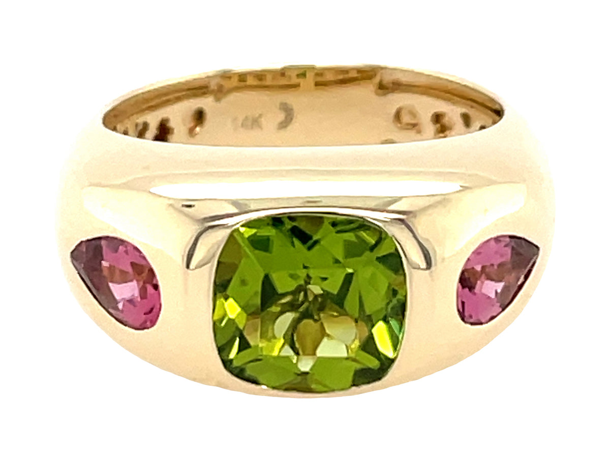 PERIDOT CUSHION & PEAR PINK TOURMALINE 3 STONE RING