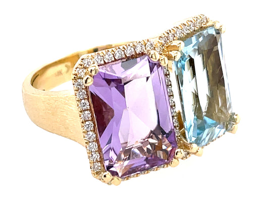 AMETHYST, BLUE TOPAZ OCTAGON & DIAMOND 2 STONE RING, SATIN FINISH