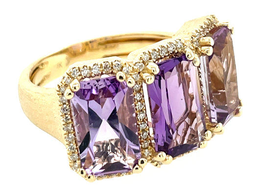 AMETHYST & DIAMOND 3 STONE RING, SATIN FINISH