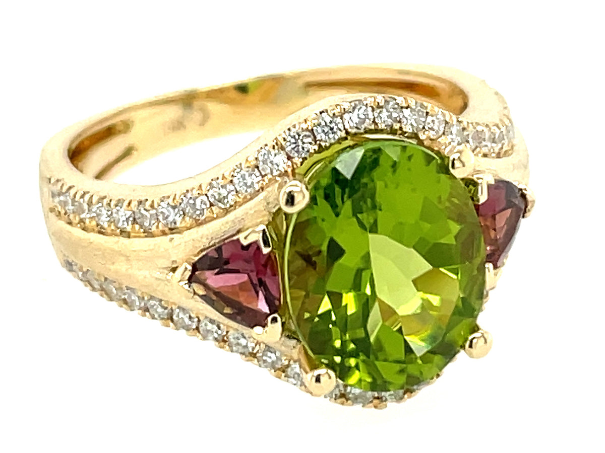 PERIDOT & PINK TOURMALINE & DIAMOND 3 STONE RING,  SATIN FINISH