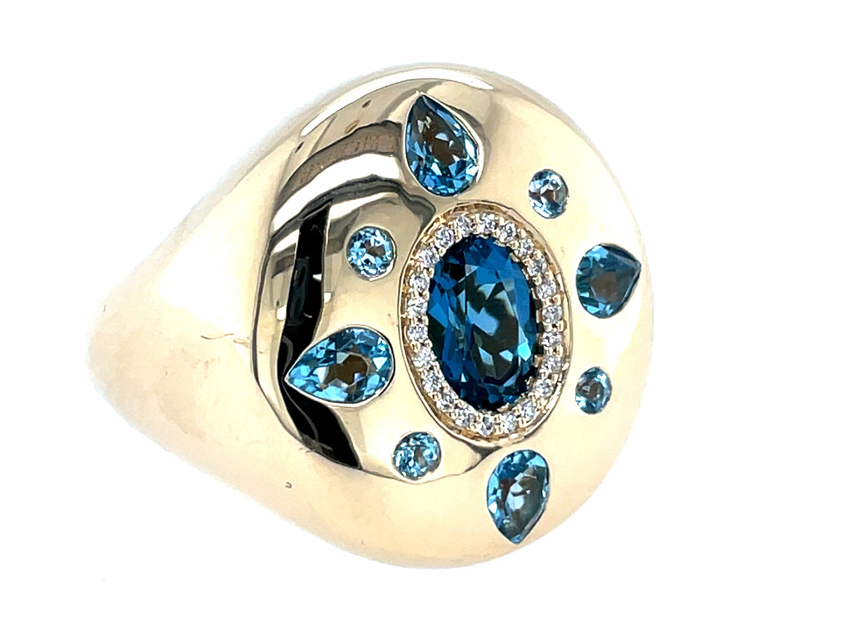 BLUE TOPAZ OVAL PEAR ROUND & DIAMOND HALO SIGNET RING, 20X18MM