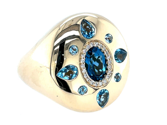 BLUE TOPAZ OVAL PEAR ROUND & DIAMOND HALO SIGNET RING, 20X18MM