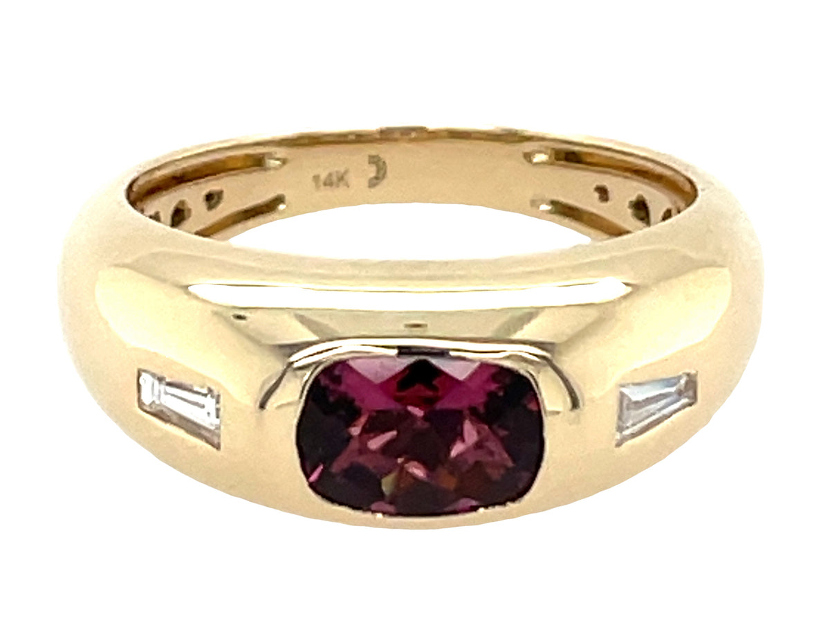 RHODOLITE RECTANGLE CUSHION FLUSH SET & DIAMOND BAGUETTE RING