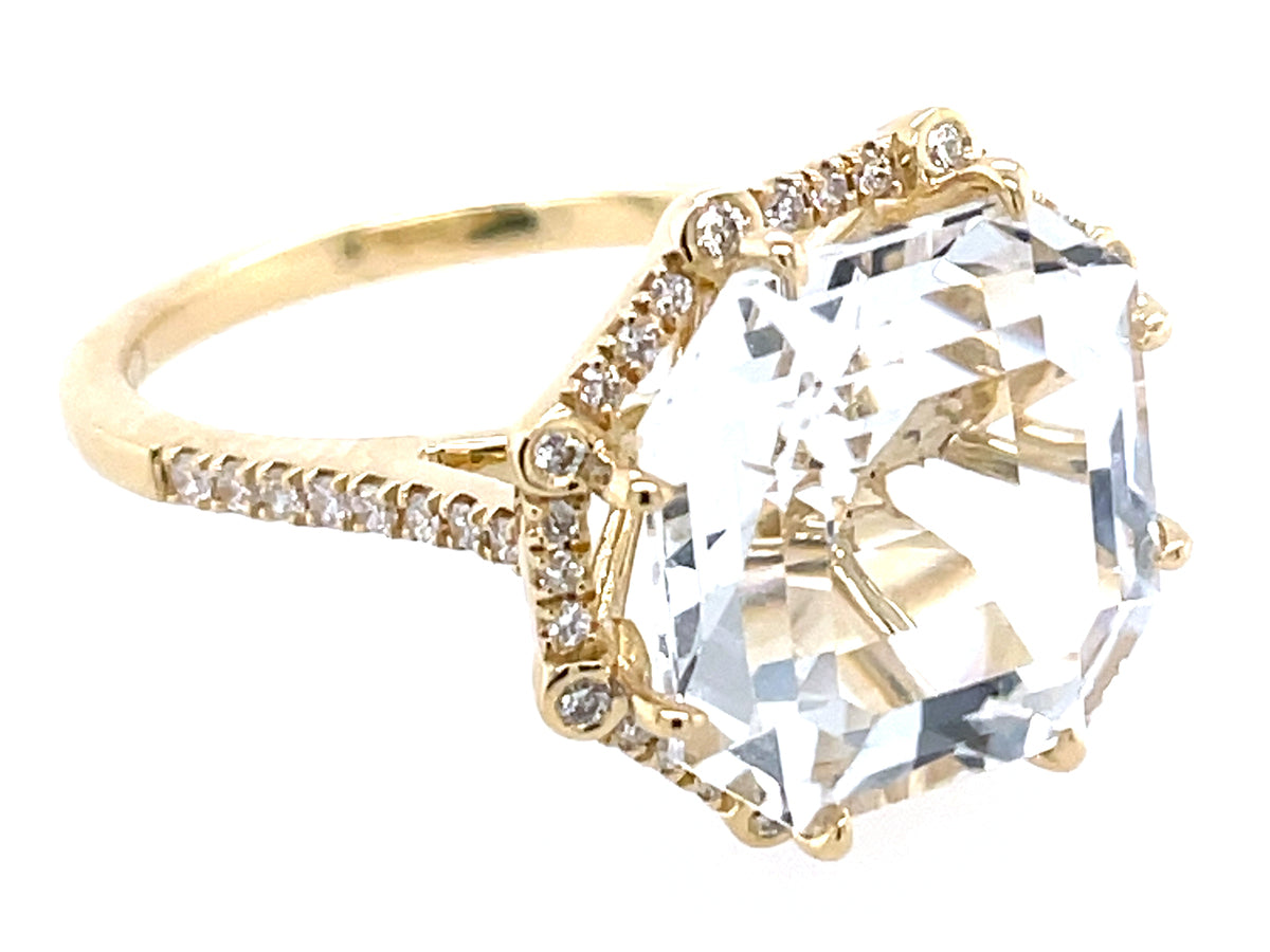 WHITE TOPAZ ASSCHER CUT & DIAMOND HALO RING