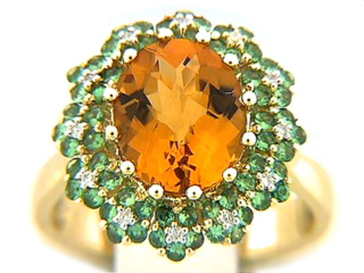 CHB CITRINE, TSAVORITE & DIAMOND RING, 18KY (H/N), C=4.10