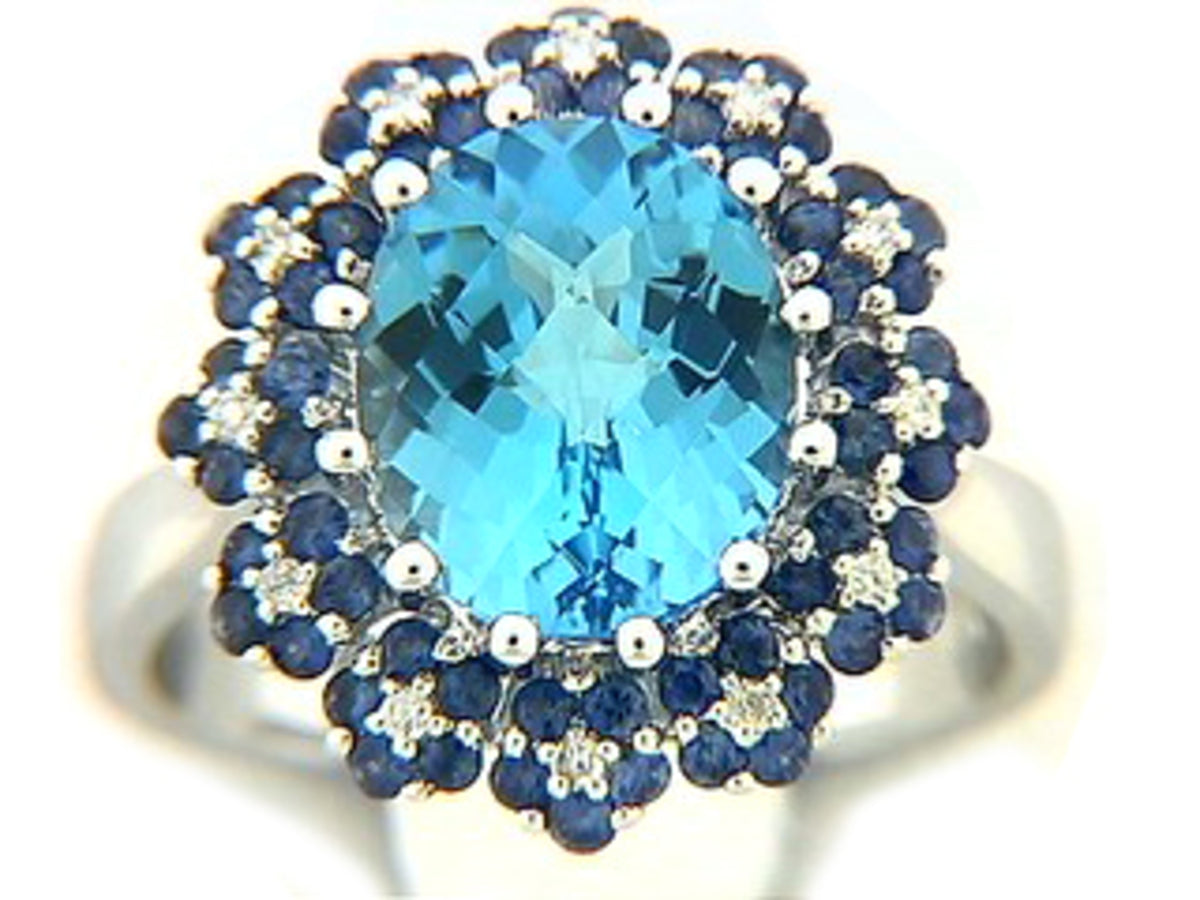 CHB BLUE TOPAZ, SAPPHIRE & DIAMOND RING, 18KW (R/H), C=5.10