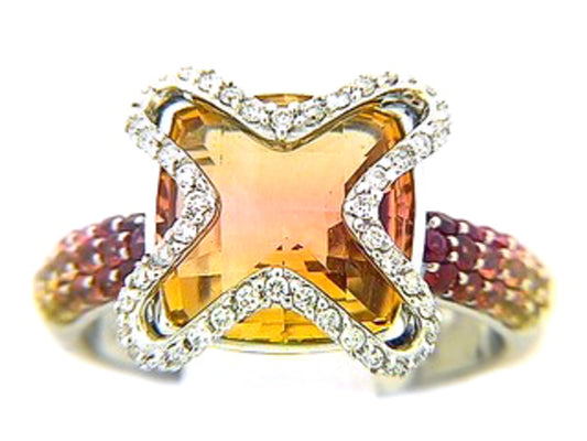 CITRINE, YELLOW SAPPHIRE, RUBY & DIAMOND RING