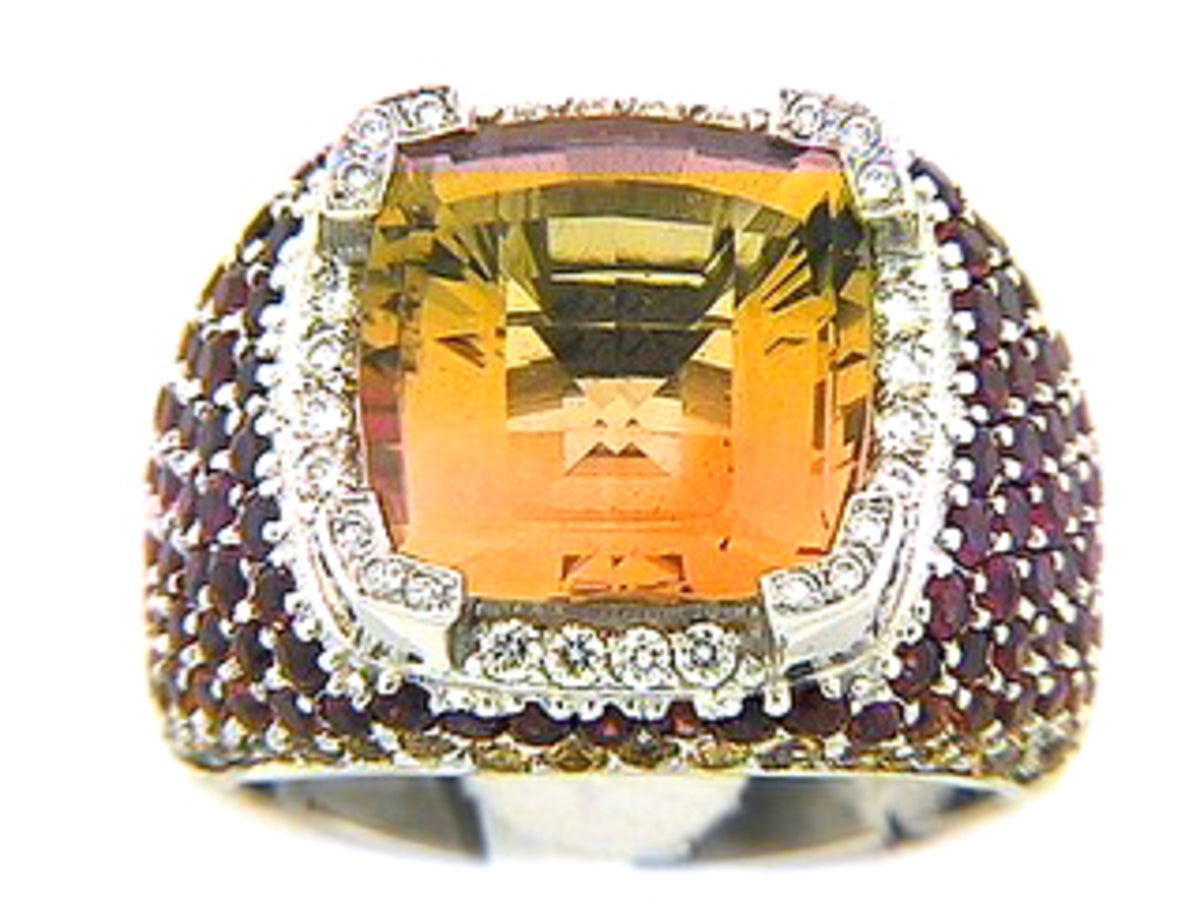 CITRINE, RUBY & YELLOW SAPPHIRE & DIAMOND RING, 18KW (H), C=11.82