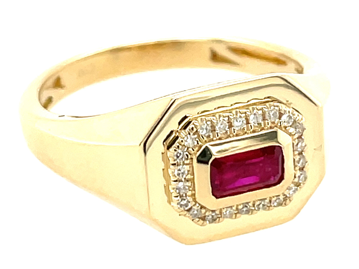 RUBY EMERALD CUT & DIAMOND HALO RING, 14KY (H)