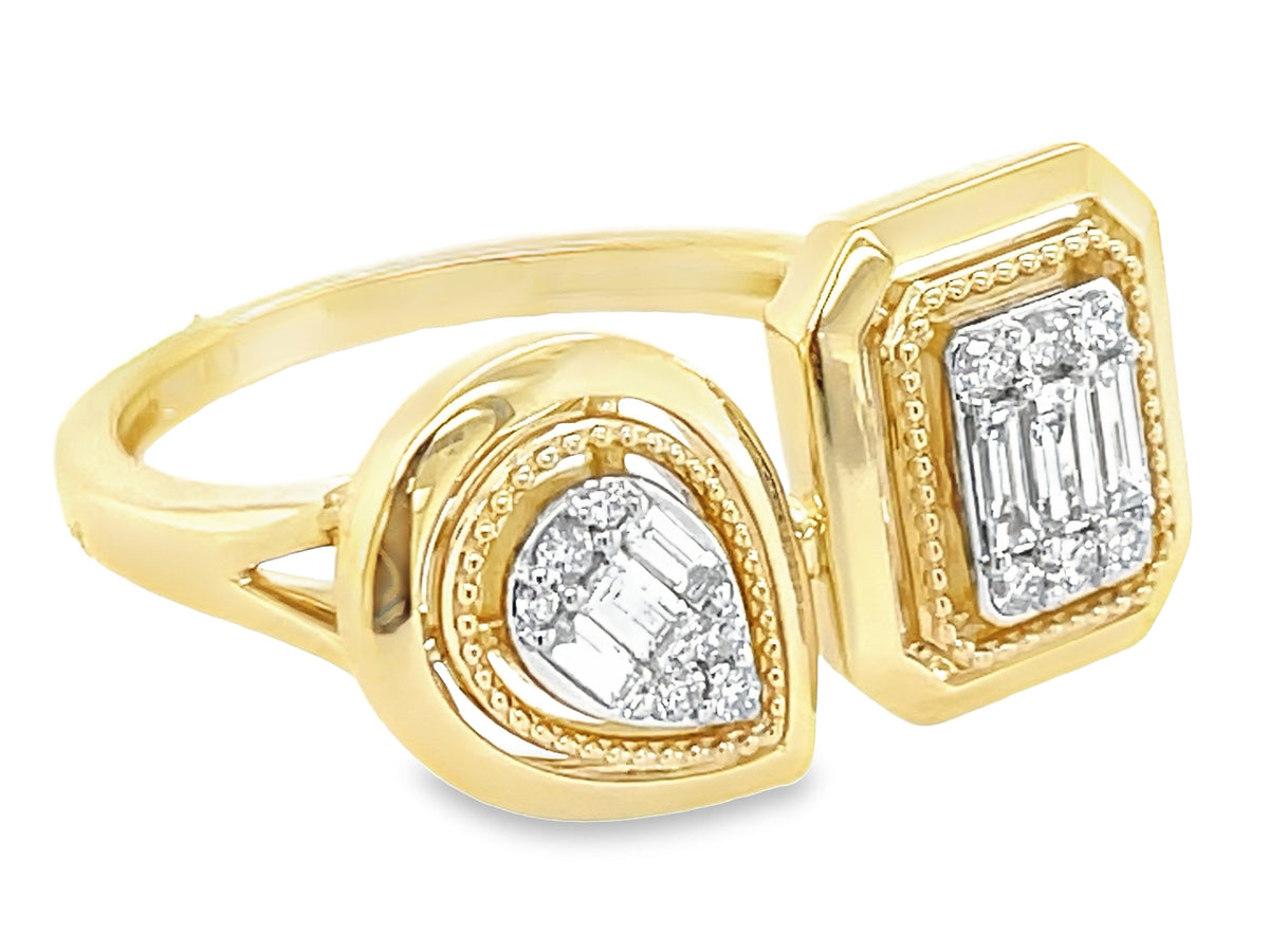 DIAMOND BAGUETTE CLUSTER MILGRAIN PEAR & CUSHION TOI ET MOI RING