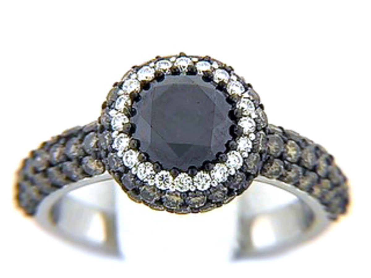 BLACK,BROWN & WHITE DIAMOND RING, 18KW (R/N), CENTER=1.82