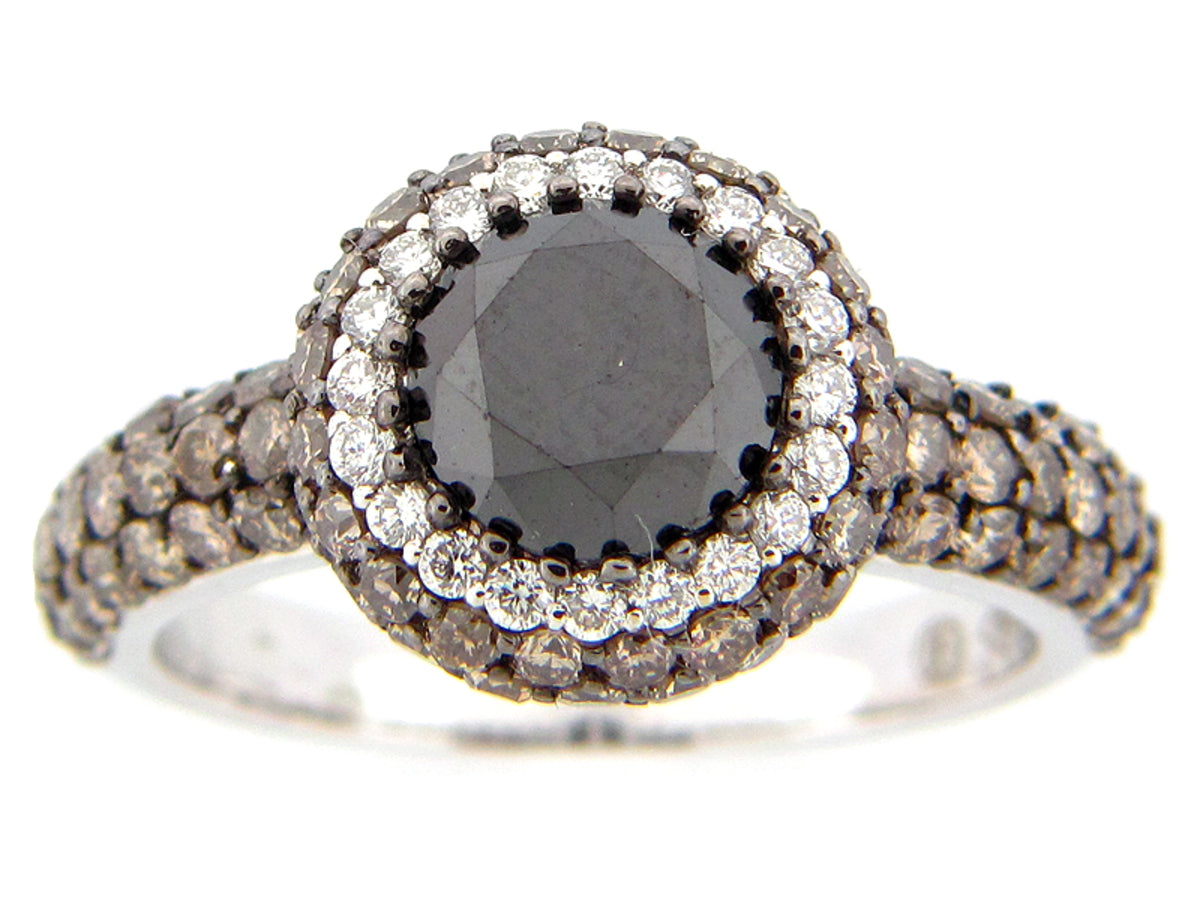 BLACK, BROWN & WHITE DIAMOND RING, 18KW (R/N), CENTER=1.90