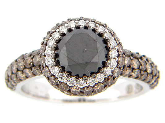 BLACK, BROWN & WHITE DIAMOND RING, 18KW (R/N), CENTER=1.90