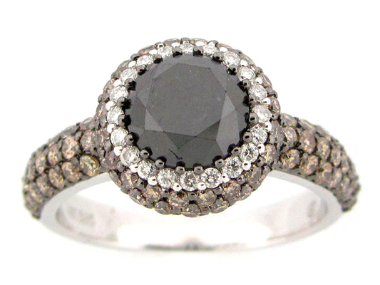 BLACK, BROWN & WHITE DIAMOND RING, 14KW (R/N)