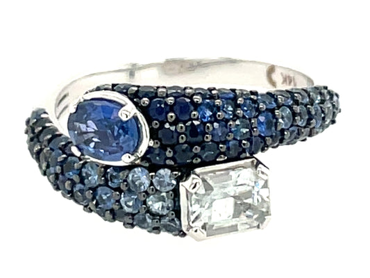 Blue Oval White E/C Sapphire Pave Bypass Ring