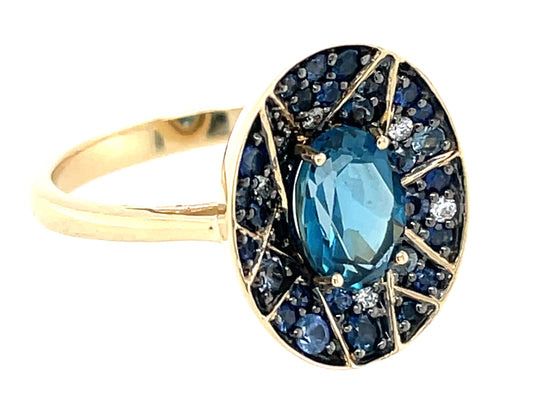 Blue Topaz Oval, Sapphire Diamond Cocktail Ring
