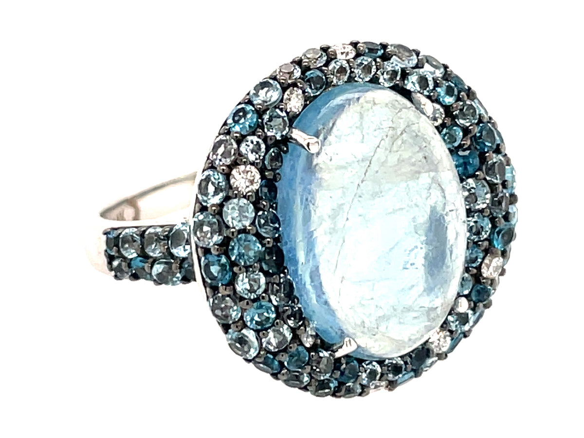 Aquamarine Oval Cabachon, Blue Topaz Diamond Pave Halo Ring