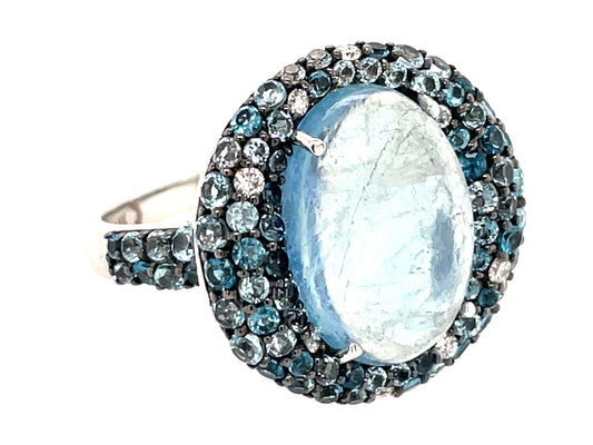 Aquamarine Oval Cabachon, Blue Topaz Diamond Pave Halo Ring