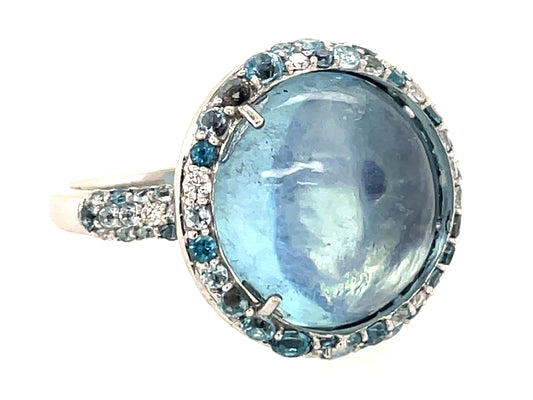 Aquamarine Round Cabachon, Blue Topaz Diamond Pave Halo Ring
