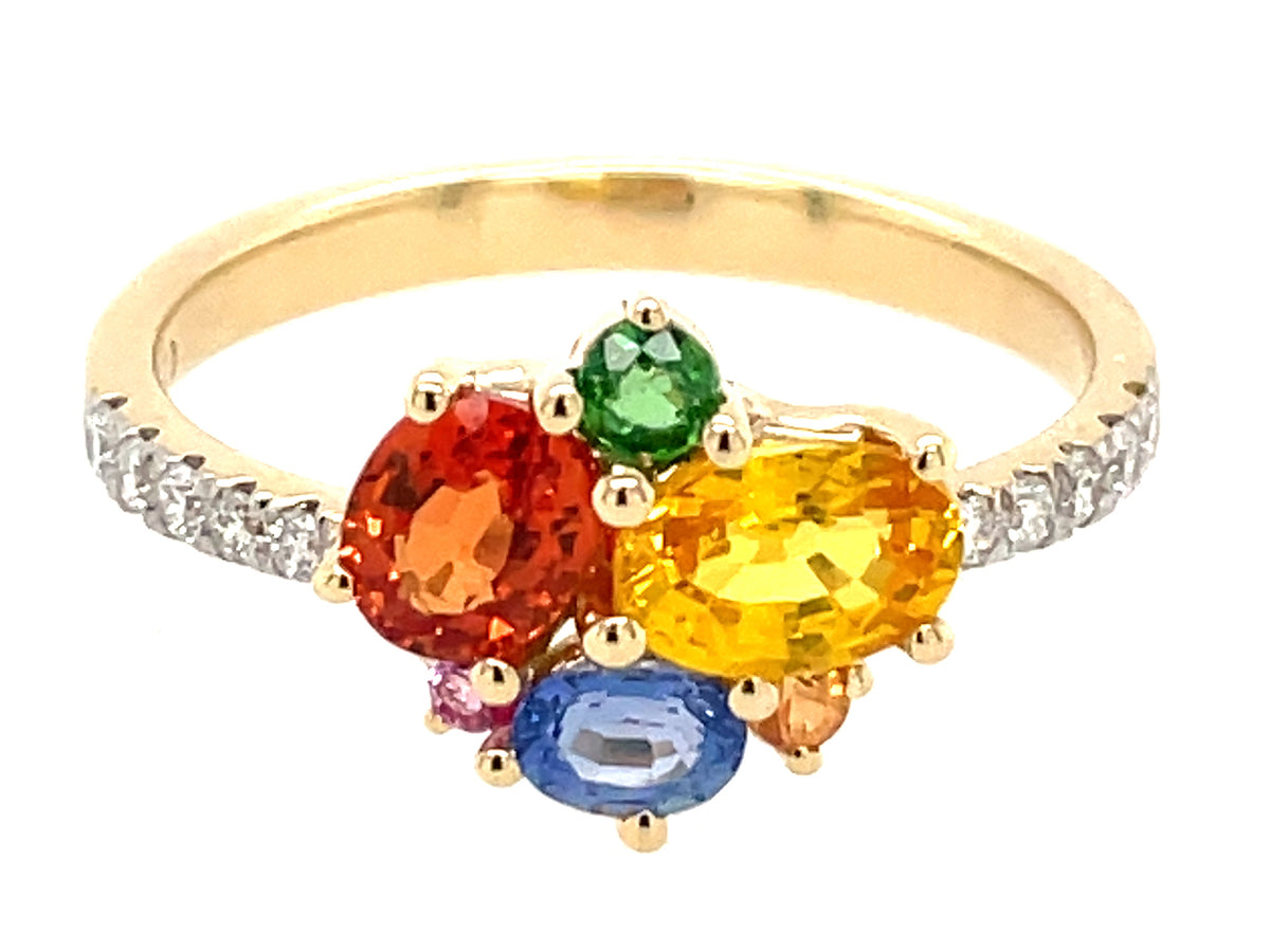 RAINBOW SAPPHIRE, TSAVORITE & DIAMOND CLUSTER RING, 14KY (H/U/N)