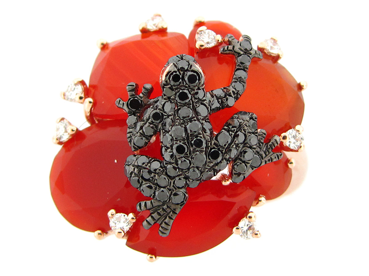 RED ORANGE AGATE, ORANGE SAPPHIRE, BLACK & WHITE DIAMOND RING, 14KR (D/R), C=11.87