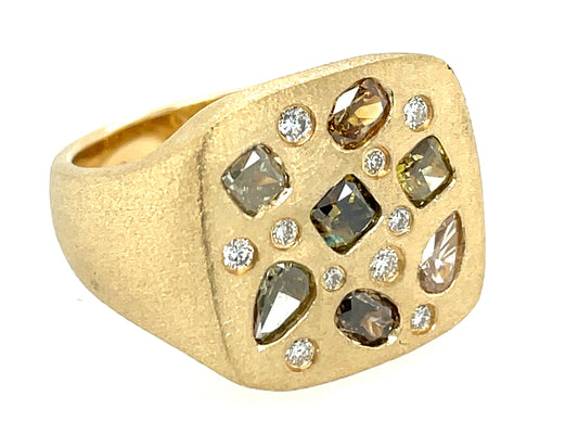 NATURAL FANCY COLOR & WHITE DIAMOND CUSHION TOP RING, 15.3MM, SATIN FINISH