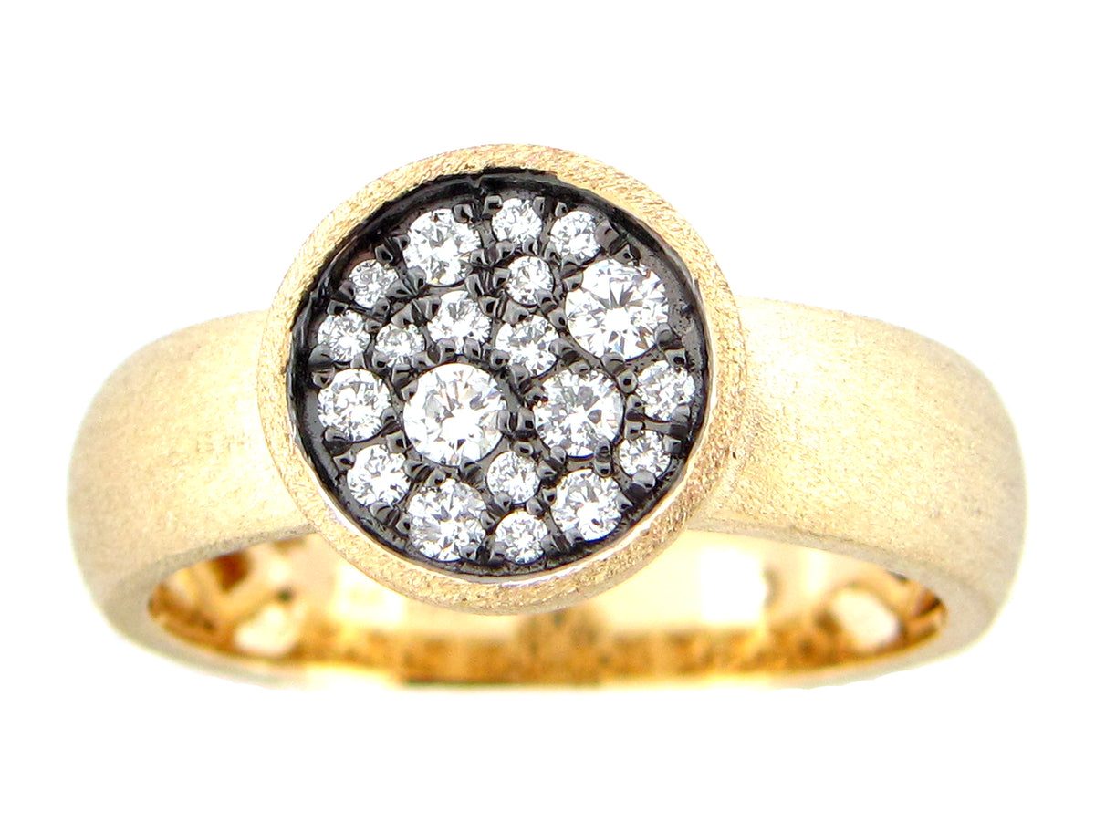 DIAMOND PAVE CIRCLE RING, SATIN FINISH, 14KY & BLACK PRONGS (N)