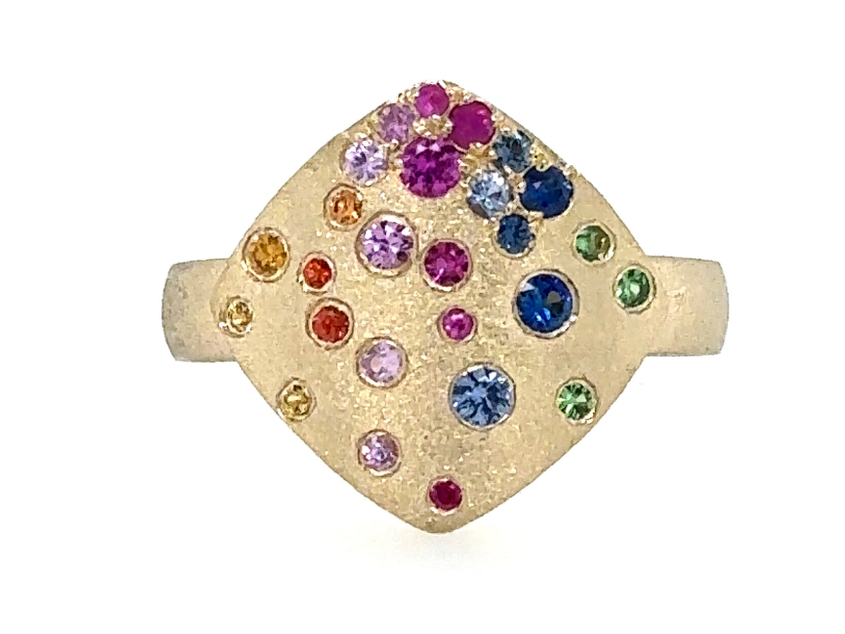 RAINBOW SAPPHIRE, RUBY & TSAVORITE CONFETTI SHIELD RING, SATIN FINISH