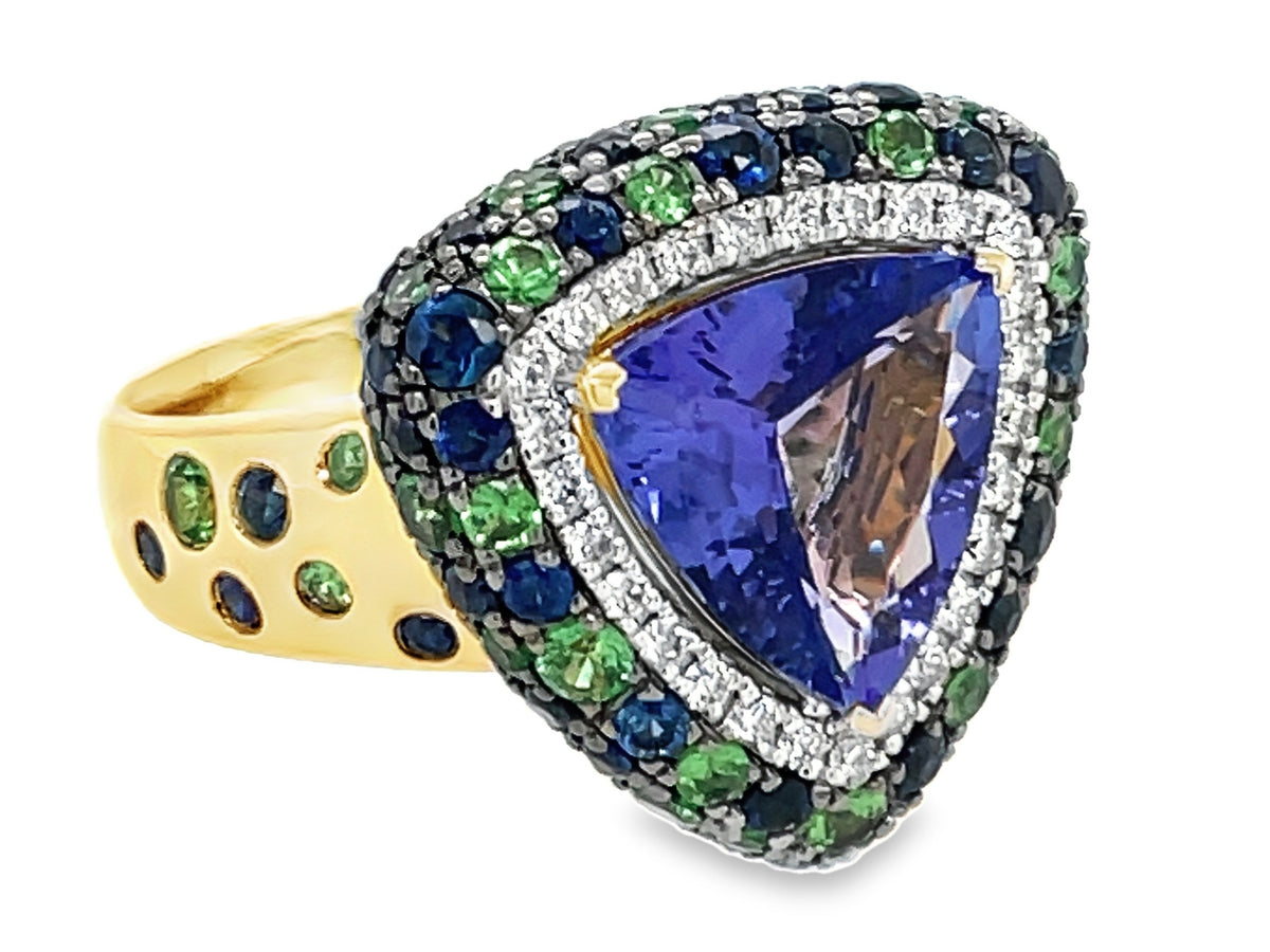 TANZANITE TRILLIANT, SAPPHIRE, TSAVORITE & DIAMOND RING