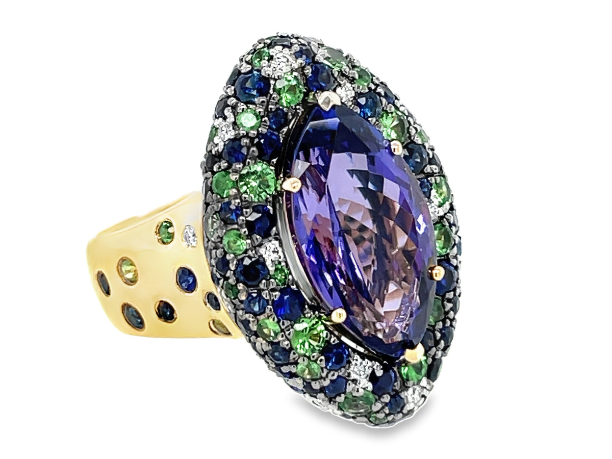 TANZANITE MARQUISE, SAPPHIRE, TSAVORITE & DIAMOND RING