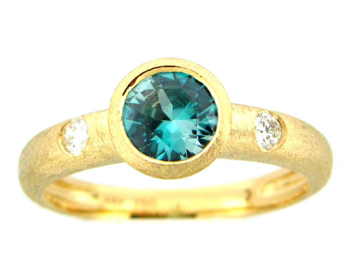 BLUE ZIRCON & DIAMOND BEZEL RING, SATIN FINISH, 18KY (H)