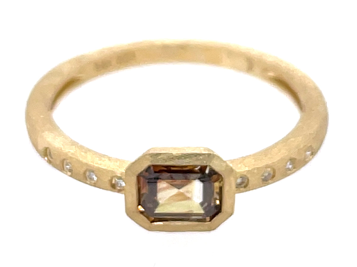 NATURAL BROWN DIAMOND EMERALD CUT BEZEL & DIAMOND RING, SATIN FINISH