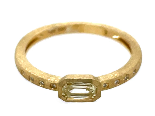 NATURAL LIGHT YELLOW DIAMOND EMERALD CUT BEZEL & DIAMOND RING, SATIN FINISH