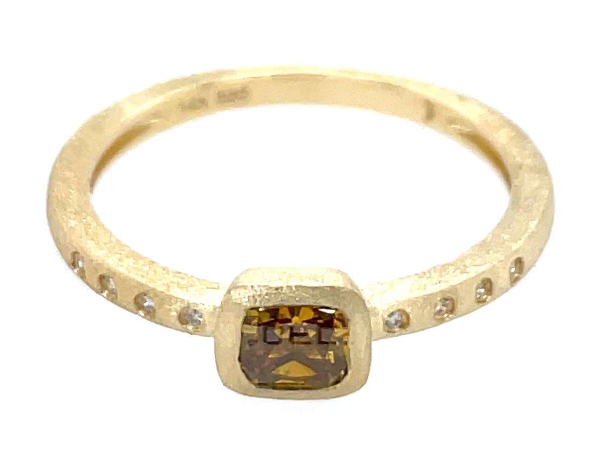 NATURAL BROWN DIAMOND CUSHION BEZEL & DIAMOND RING, SATIN FINISH
