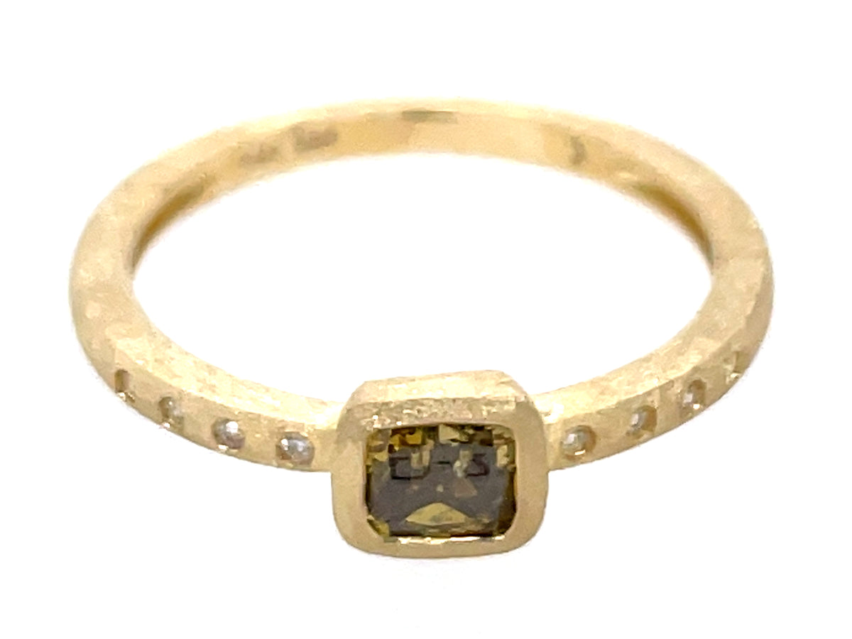NATURAL BROWN DIAMOND CUSHION BEZEL & DIAMOND RING, SATIN FINISH