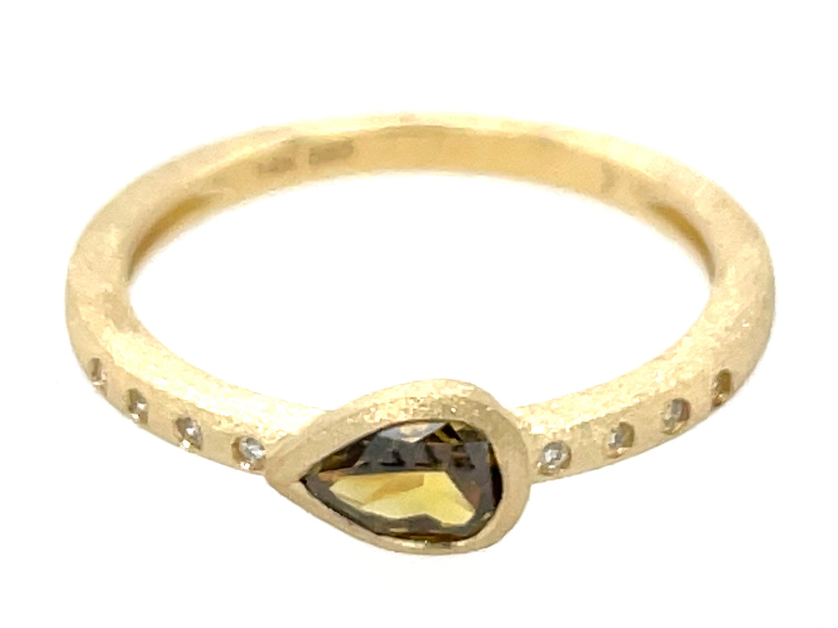NATURAL GREEN DIAMOND PEAR BEZEL & DIAMOND RING, SATIN FINISH
