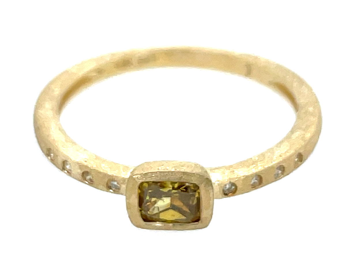 NATURAL GREEN DIAMOND CUSHION BEZEL & DIAMOND RING, 14KY (N) SATIN FINISH