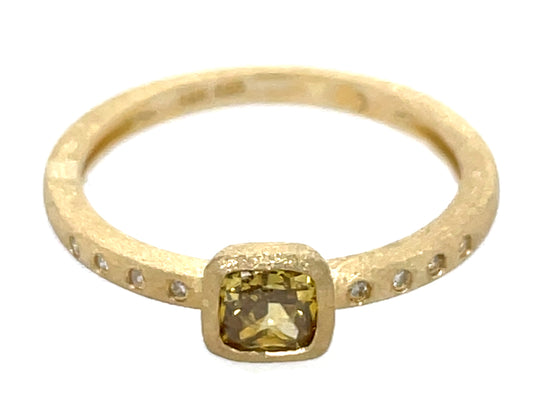 NATURAL GREEN DIAMOND CUSHION BEZEL & DIAMOND RING, 14KY (N) SATIN FINISH