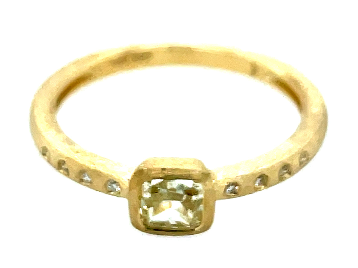 NATURAL LIGHT GREEN DIAMOND CUSHION BEZEL & DIAMOND RING, 14KY (N) SATIN FINISH