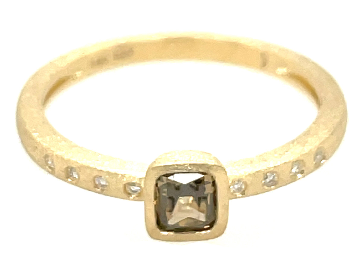 NATURAL GREEN DIAMOND CUSHION BEZEL & DIAMOND RING, SATIN FINISH