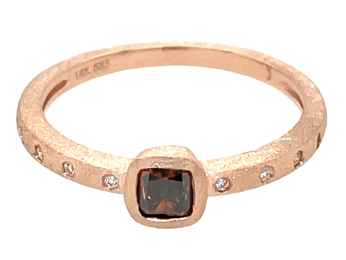 NATURAL BROWN DIAMOND CUSHION BEZEL & DIAMOND RING, SATIN FINISH