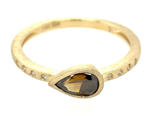NATURAL BROWN DIAMOND PEAR BEZEL & DIAMOND RING, SATIN FINISH
