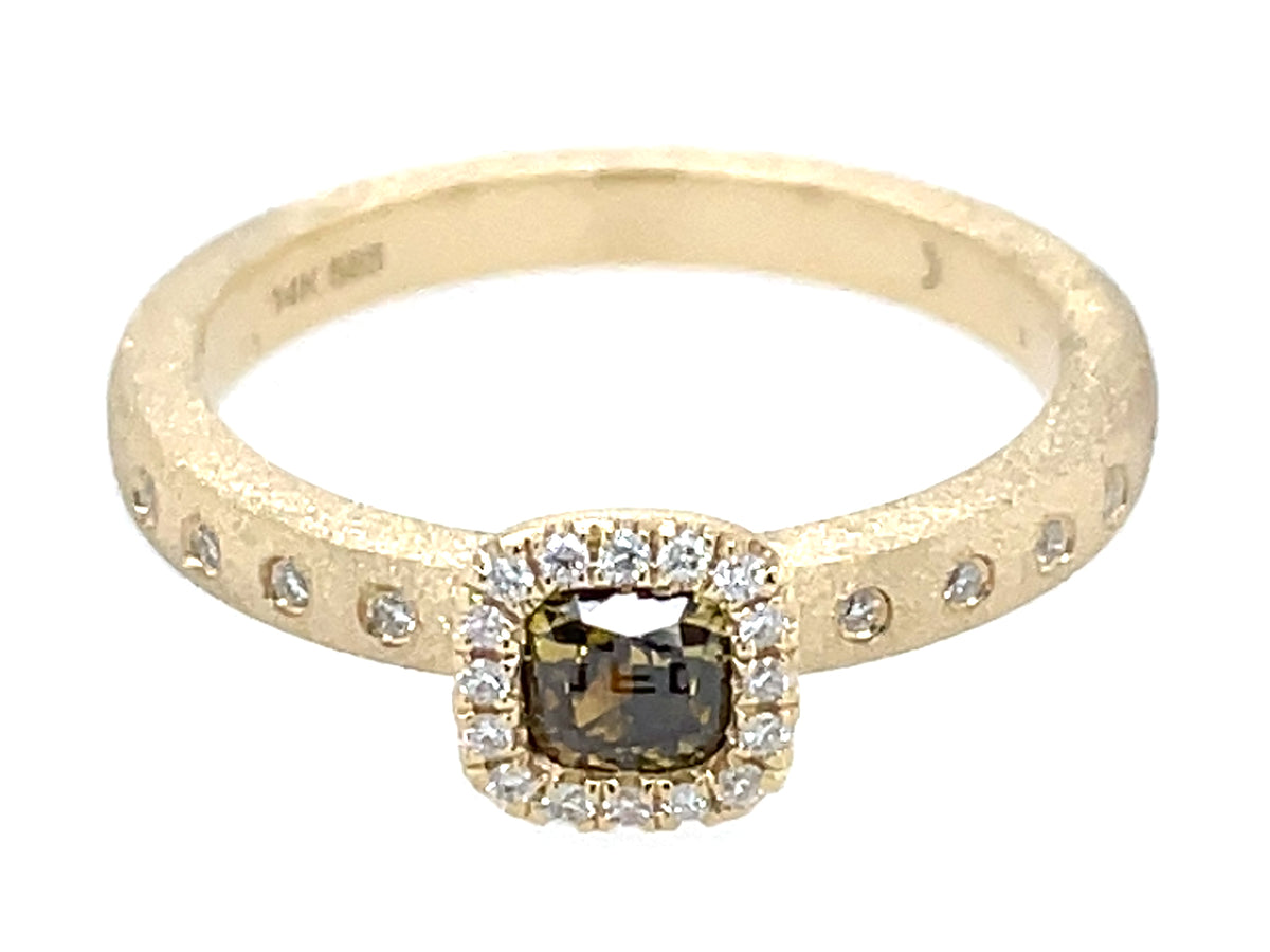 Natural Fancy Diamond Cushion Diamond Halo Ring, Satin Finish