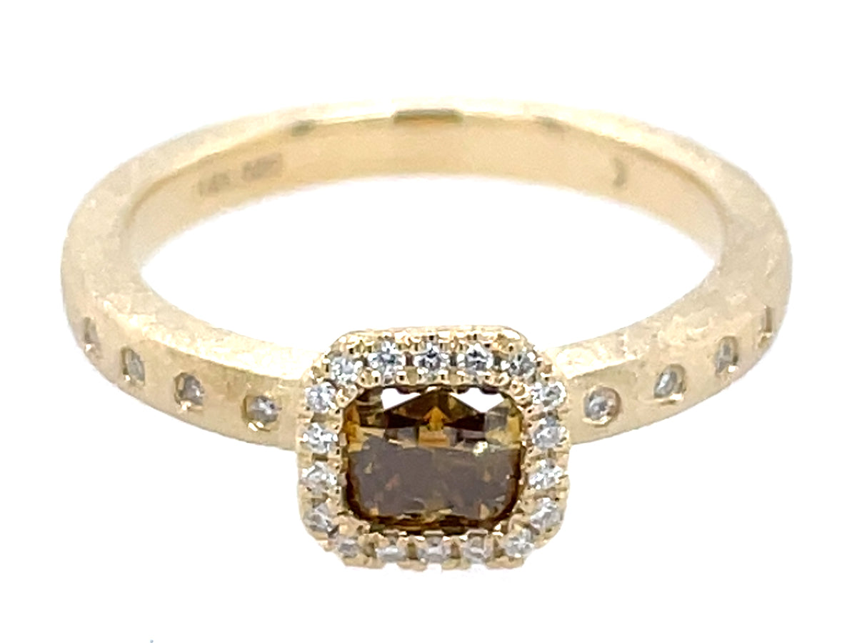 Natural Fancy Diamond Cushion Diamond Halo Ring, Satin Finish