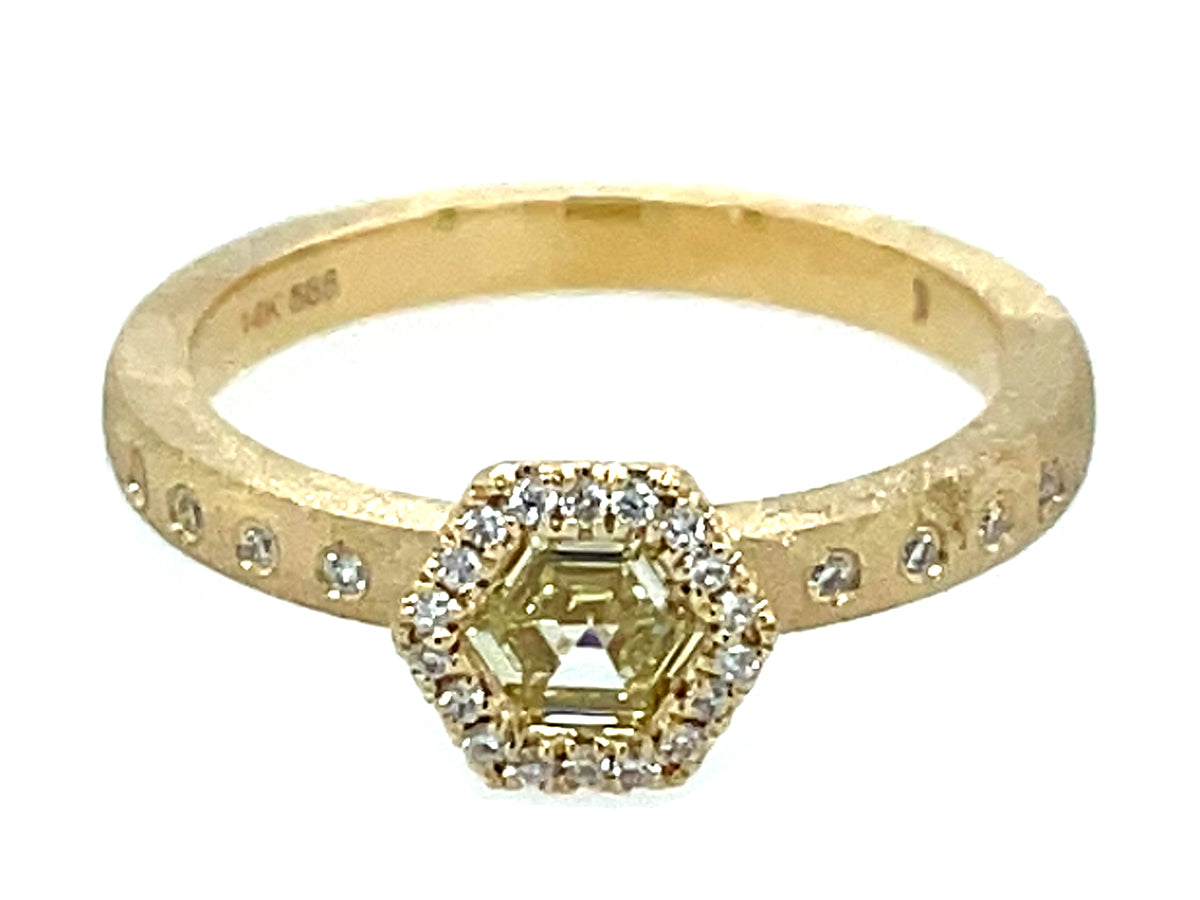 Natural Fancy Diamond Hexagon Diamond Halo Ring, Satin Finish