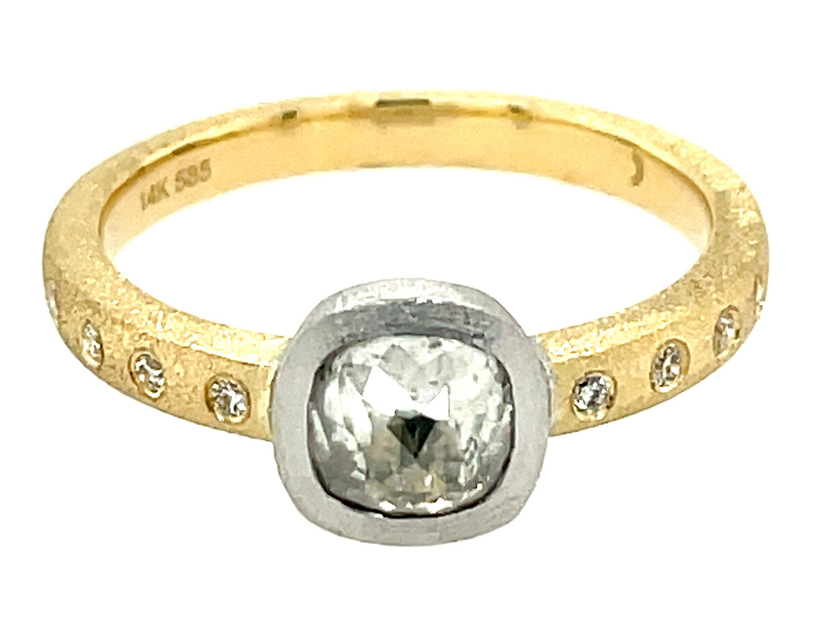 ROSE CUT WHITE DIAMOND BEZEL & DIAMOND SHANK RING, SATIN FINISH