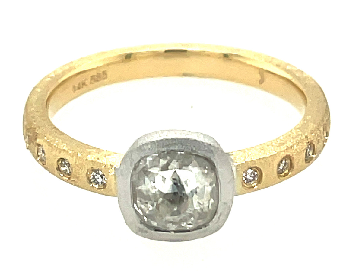 ROSE CUT WHITE DIAMOND BEZEL & DIAMOND SHANK RING, SATIN FINISH