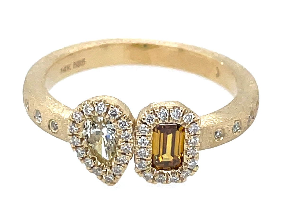 Natural Fancy Diamond Pear Emerald Cut Diamond Halo Ring, Satin Finish